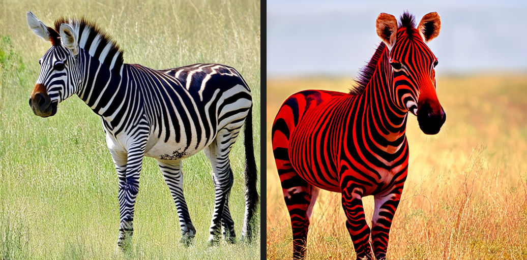 Stable Diffusion 3.5M base vs RAM: a red zebra.